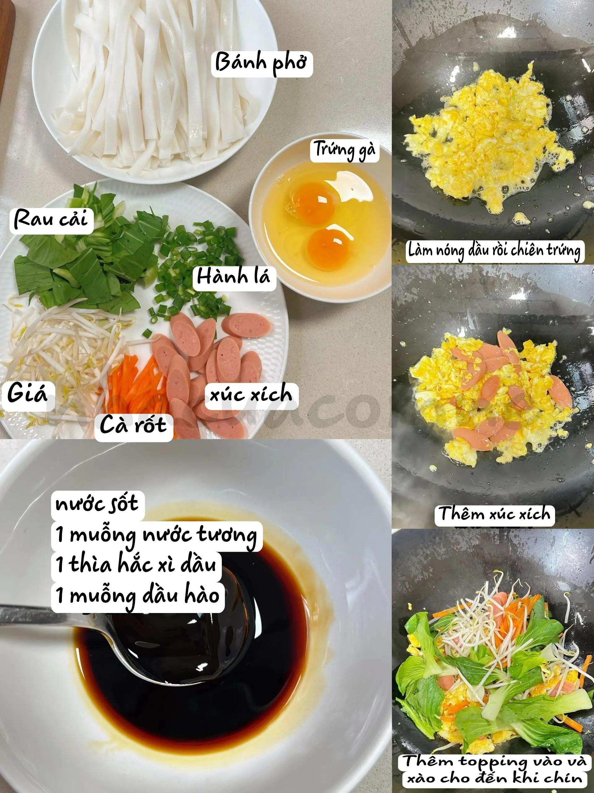 Hướng dẫn làm món Bánh phở xào trứng xúc xích với rau cải và giá