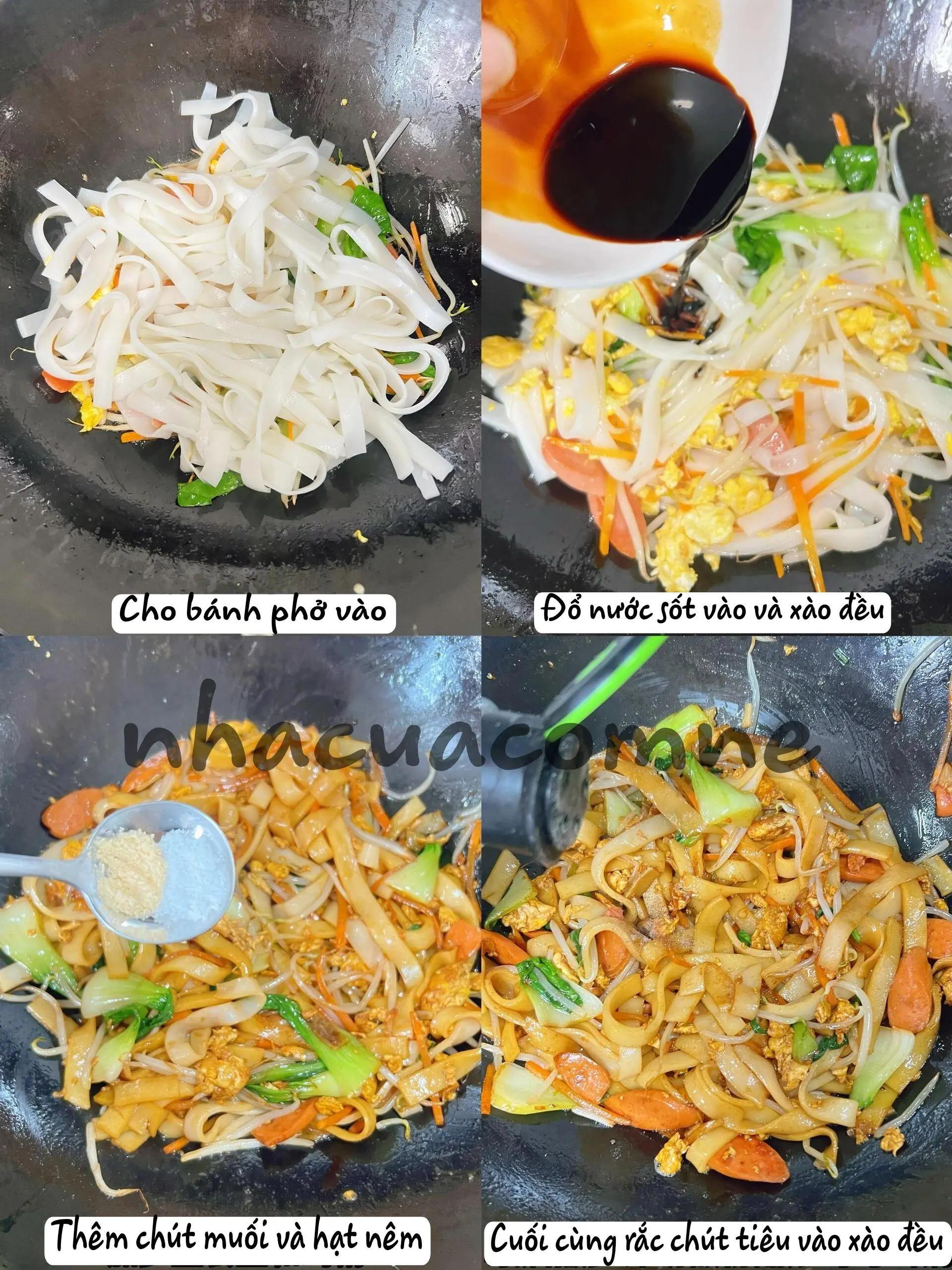 Hướng dẫn làm món Bánh phở xào trứng xúc xích với rau cải và giá
