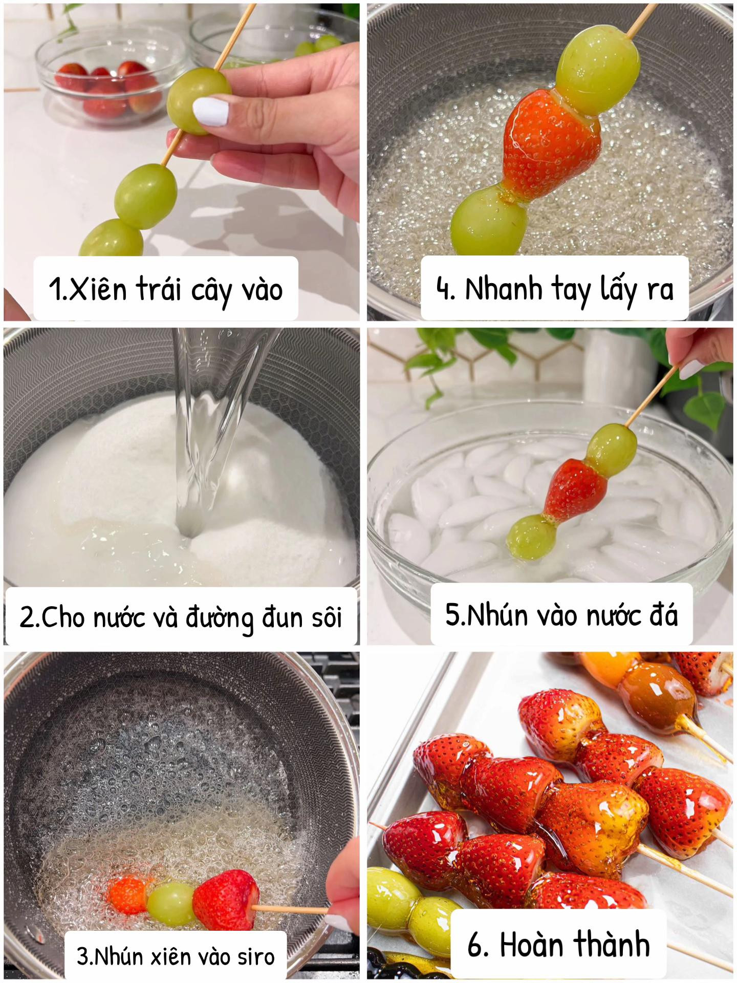 Hướng dẫn làm Tanghulu xiên trái cây giòn ngọt: dâu tây, nho và cam