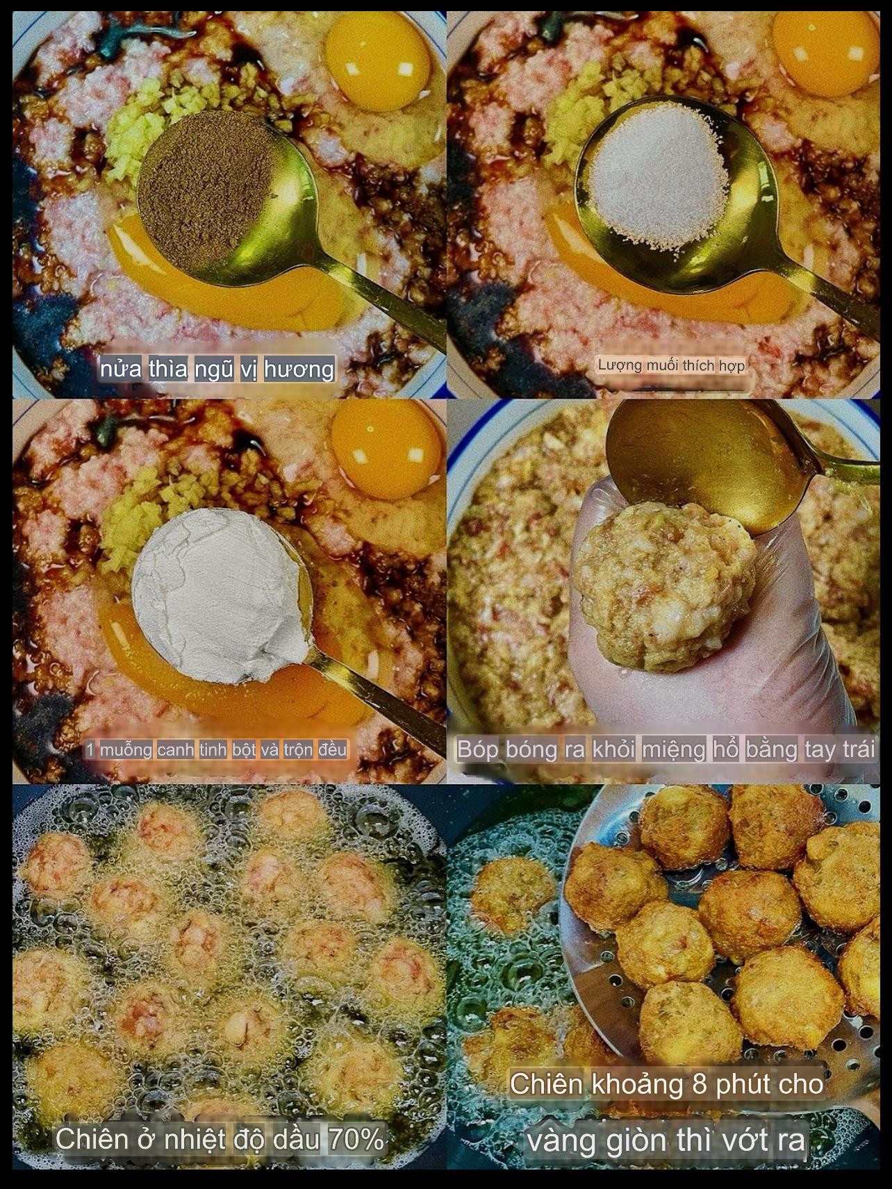 Hướng dẫn làm thịt viên chiên giòn kết hợp bánh hấp, nhân thịt băm đậm đà với trứng và ngũ vị hương