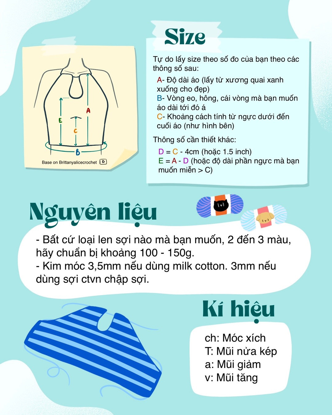 Hướng dẫn móc áo halter kẻ sọc: Size, nguyên liệu và từng bước chi tiết