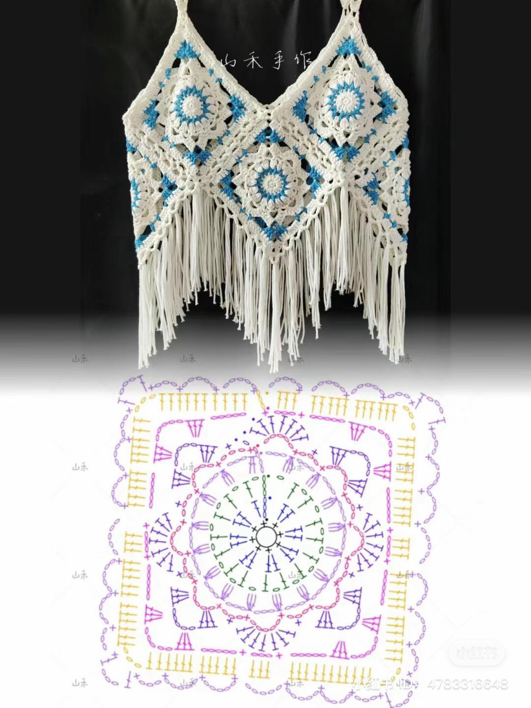 Hướng dẫn móc áo yếm bohemian họa tiết granny square màu trắng xanh với tua rua