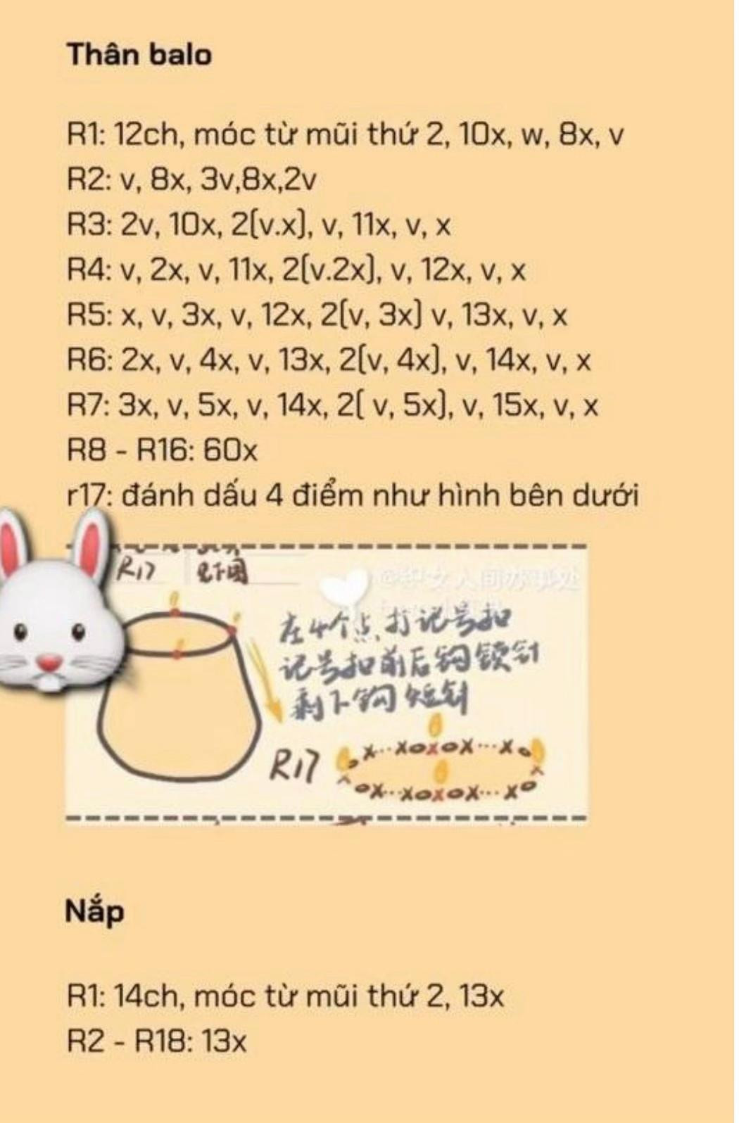 Hướng dẫn móc balo hình thỏ tai dài đính dâu tây