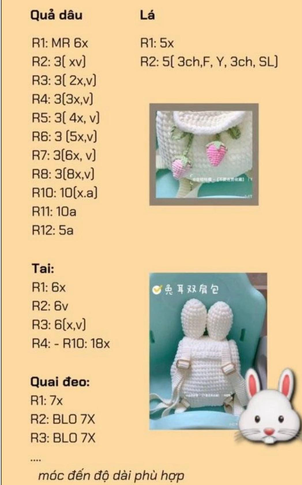 Hướng dẫn móc balo hình thỏ tai dài đính dâu tây