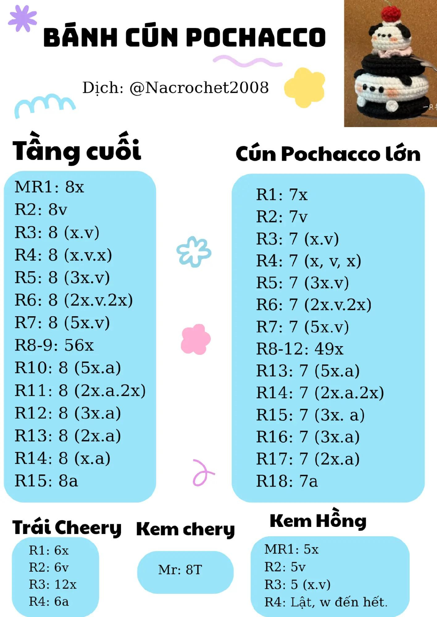 Hướng dẫn móc Bánh Cún Pochacco, chart chi tiết từng tầng