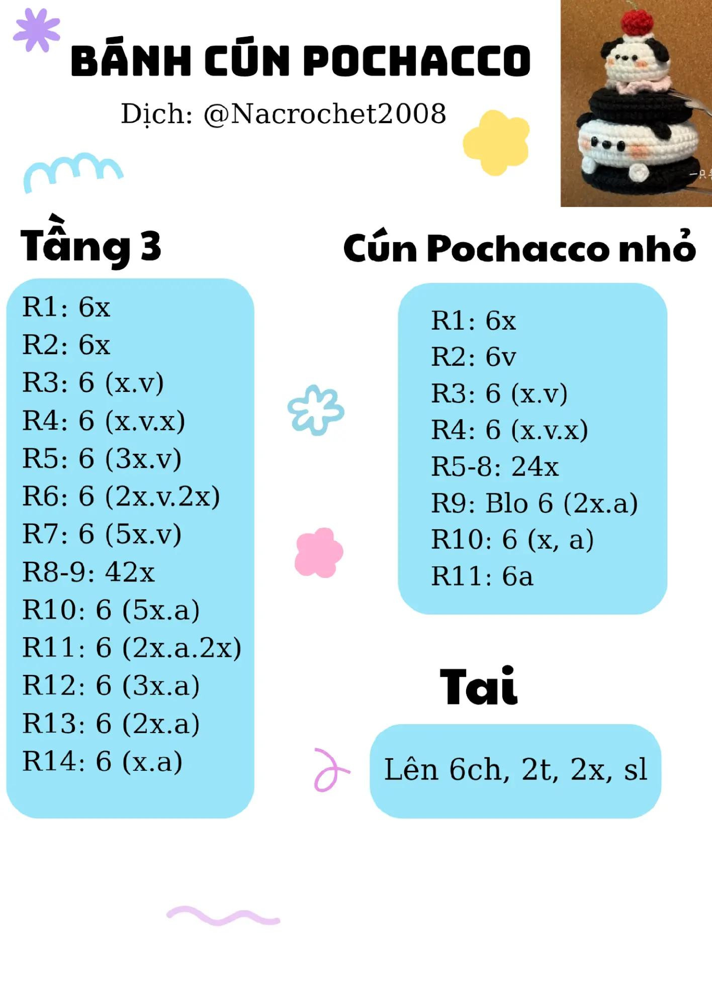 Hướng dẫn móc Bánh Cún Pochacco, chart chi tiết từng tầng