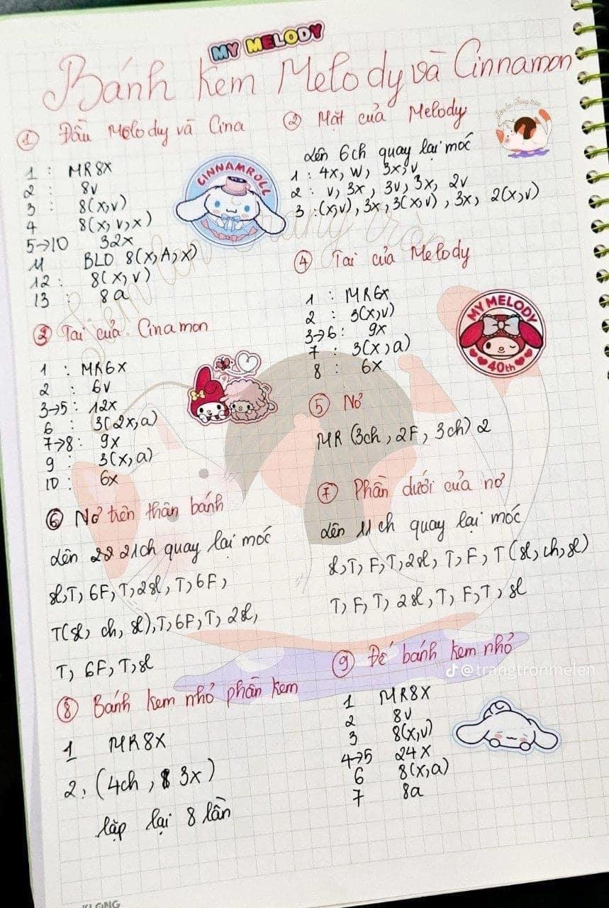 Hướng dẫn móc bánh kem My Melody và Cinnamoroll