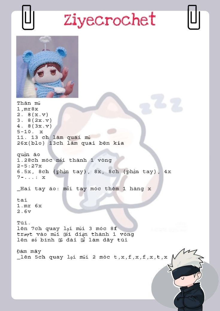 Hướng dẫn móc bộ đồ gấu xanh cho búp bê với mây