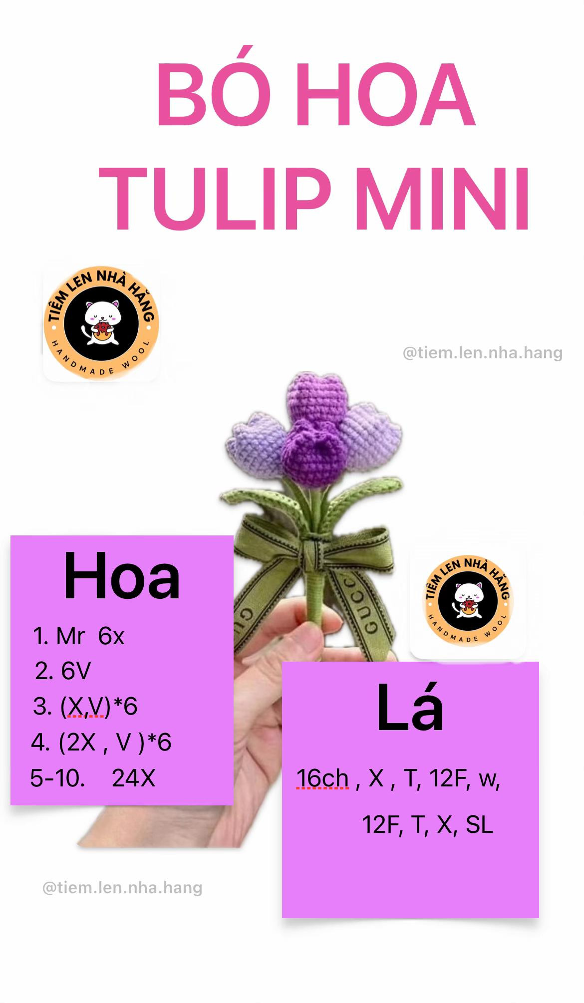 Hướng dẫn móc bó hoa Tulip mini tím hồng