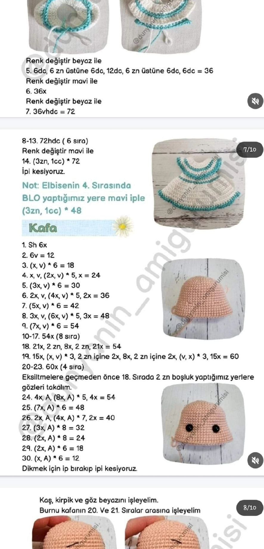 Hướng dẫn móc búp bê Amigurumi mặc váy xanh trắng cầm hoa