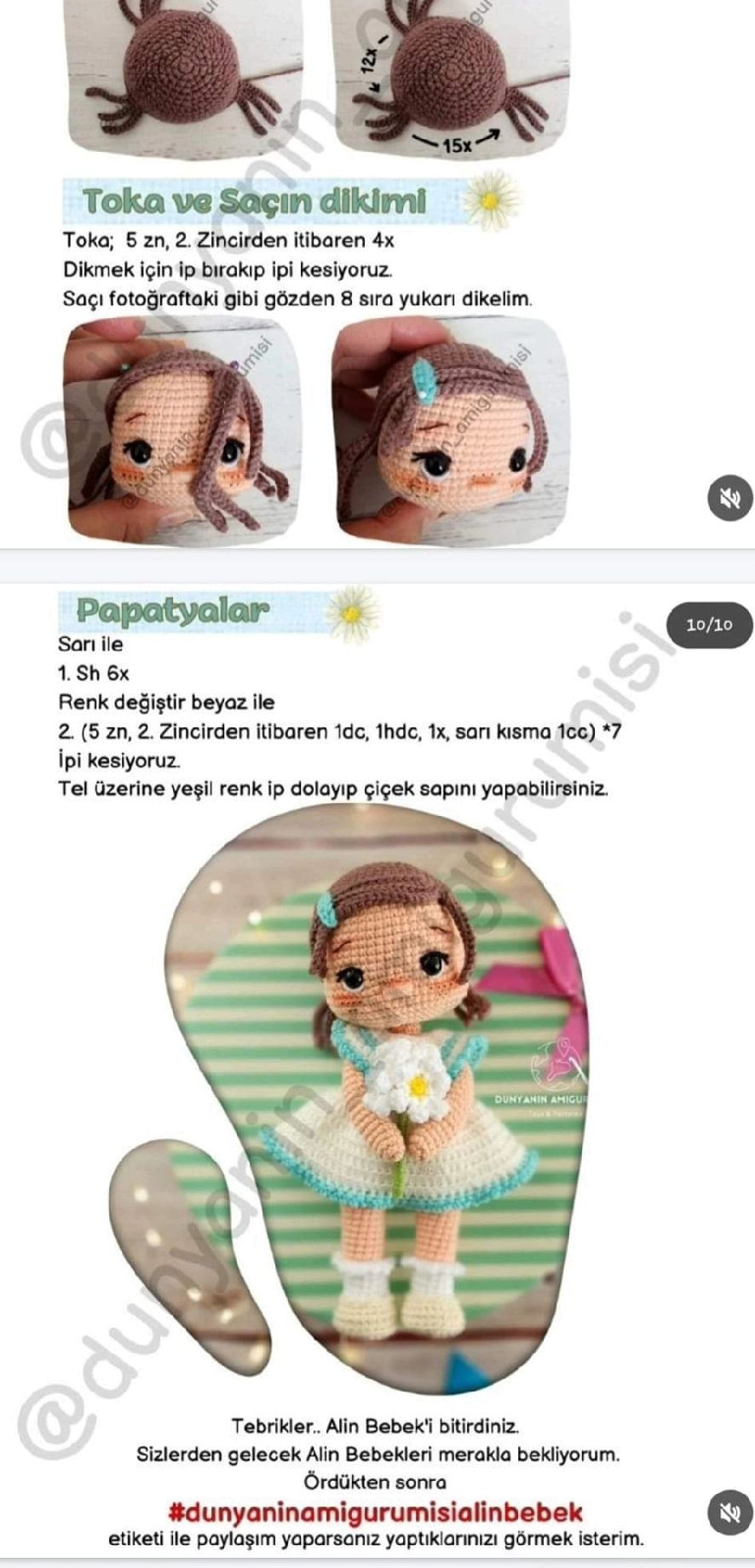 Hướng dẫn móc búp bê Amigurumi mặc váy xanh trắng cầm hoa