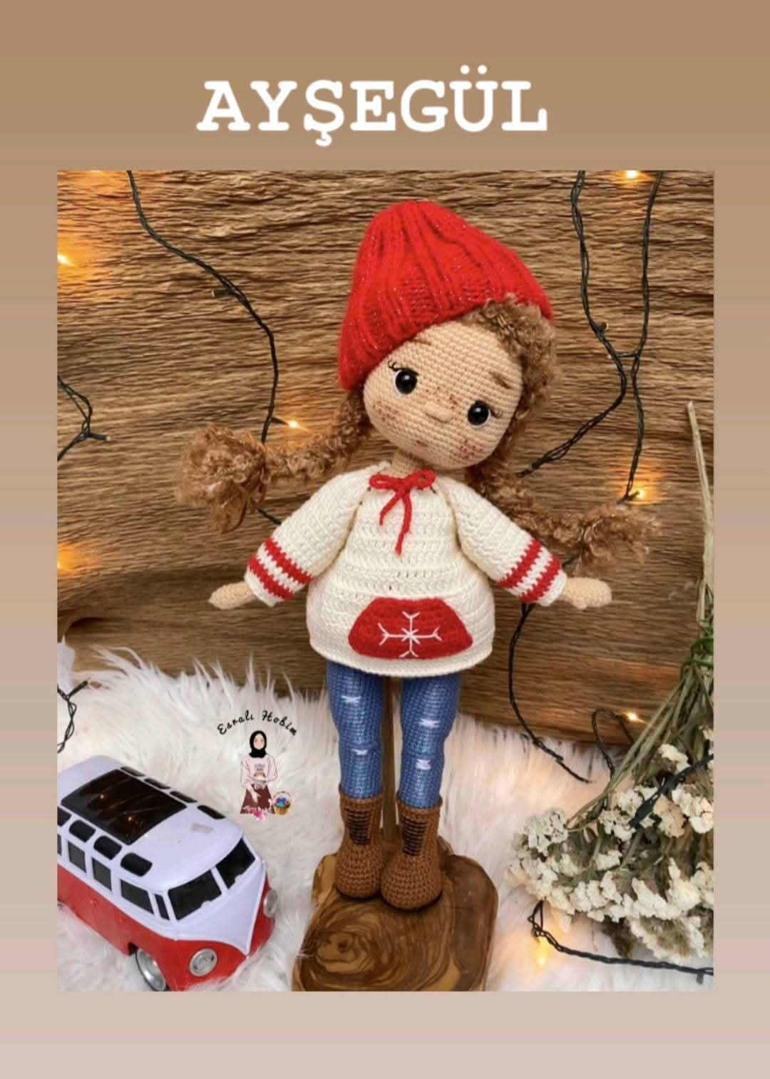 Hướng dẫn móc búp bê Ayşegül mặc áo len đỏ trắng