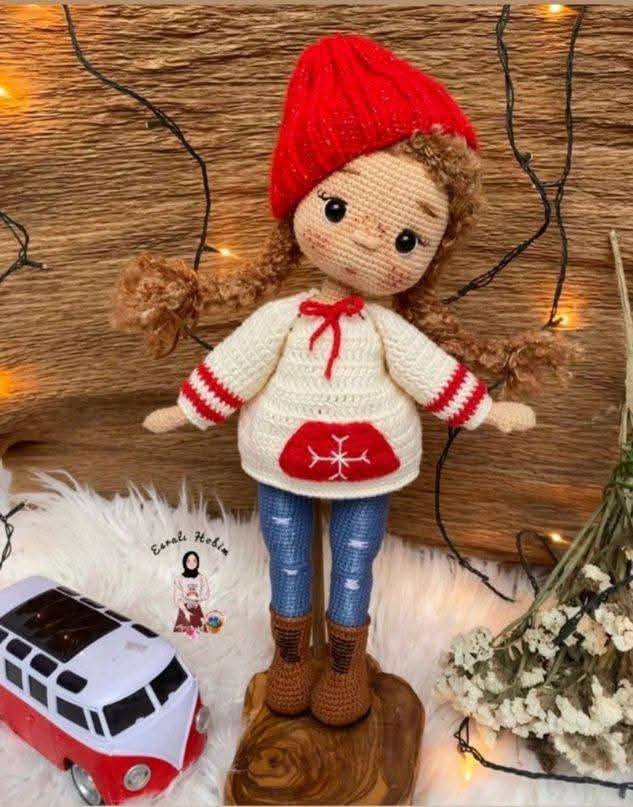 Hướng dẫn móc búp bê Ayşegül mặc áo len đỏ trắng