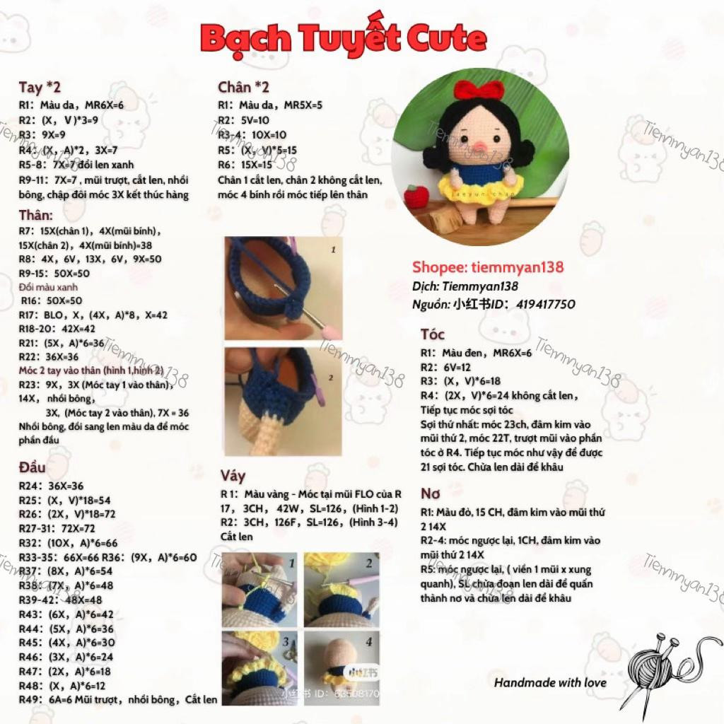 Hướng dẫn móc búp bê Bạch Tuyết Cute chi tiết từng phần
