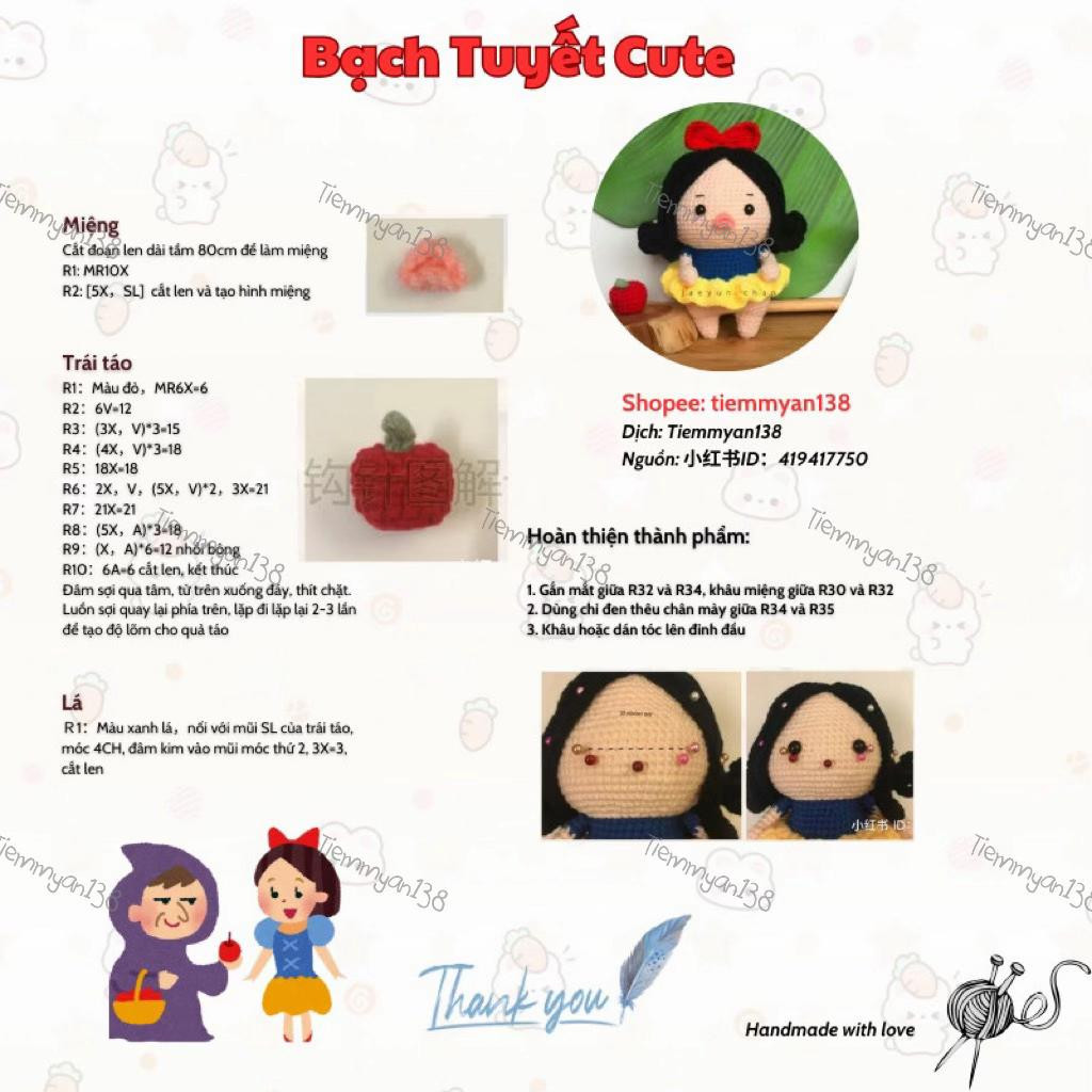 Hướng dẫn móc búp bê Bạch Tuyết Cute chi tiết từng phần