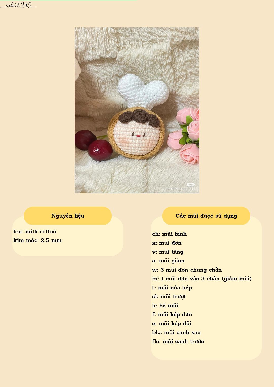 Hướng dẫn móc búp bê bánh tart dâu dễ thương, chart chi tiết từng phần