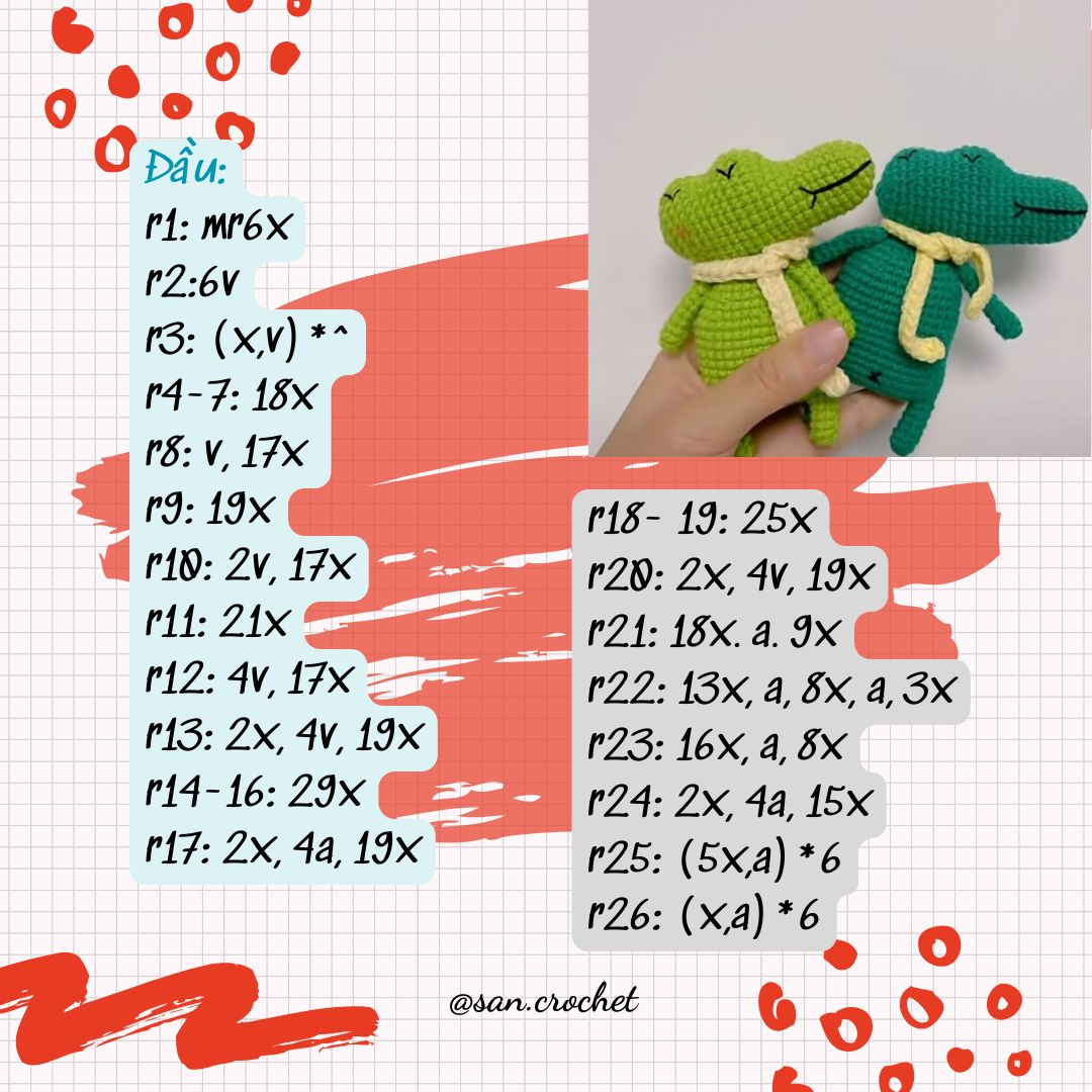 Hướng dẫn móc búp bê cá sấu màu xanh lá và xanh ngọc