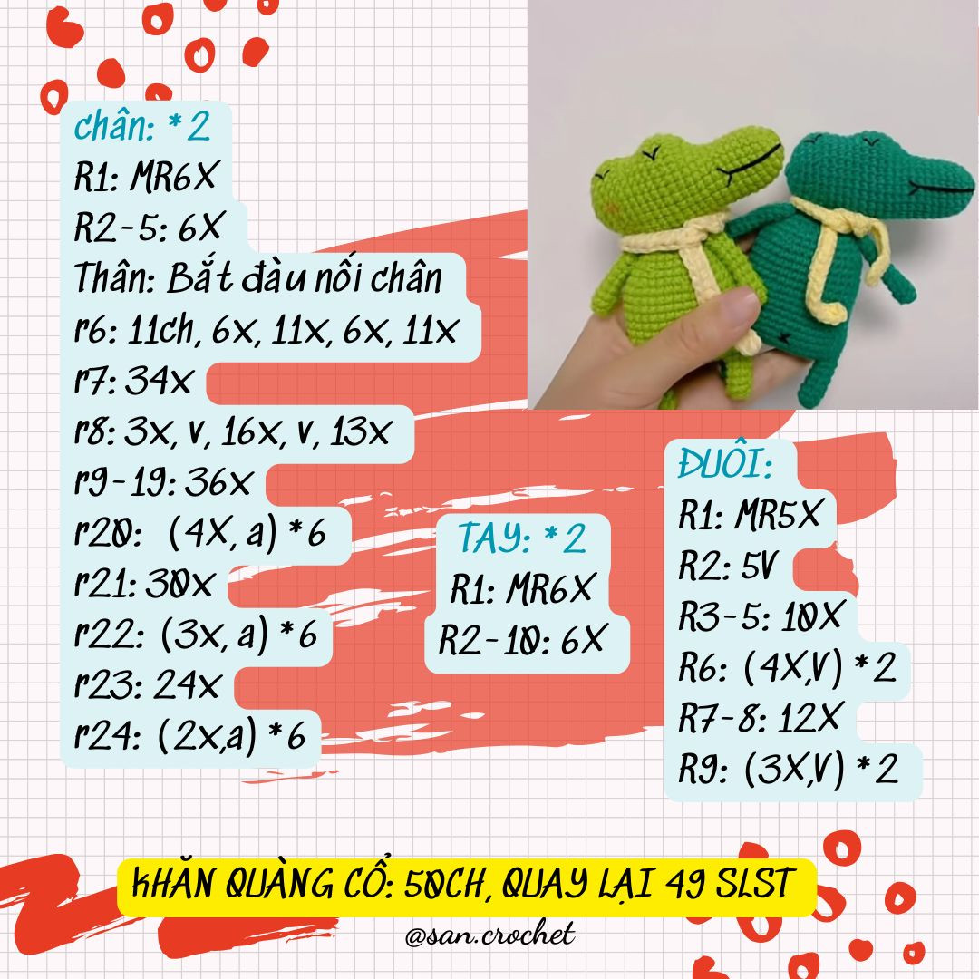 Hướng dẫn móc búp bê cá sấu màu xanh lá và xanh ngọc