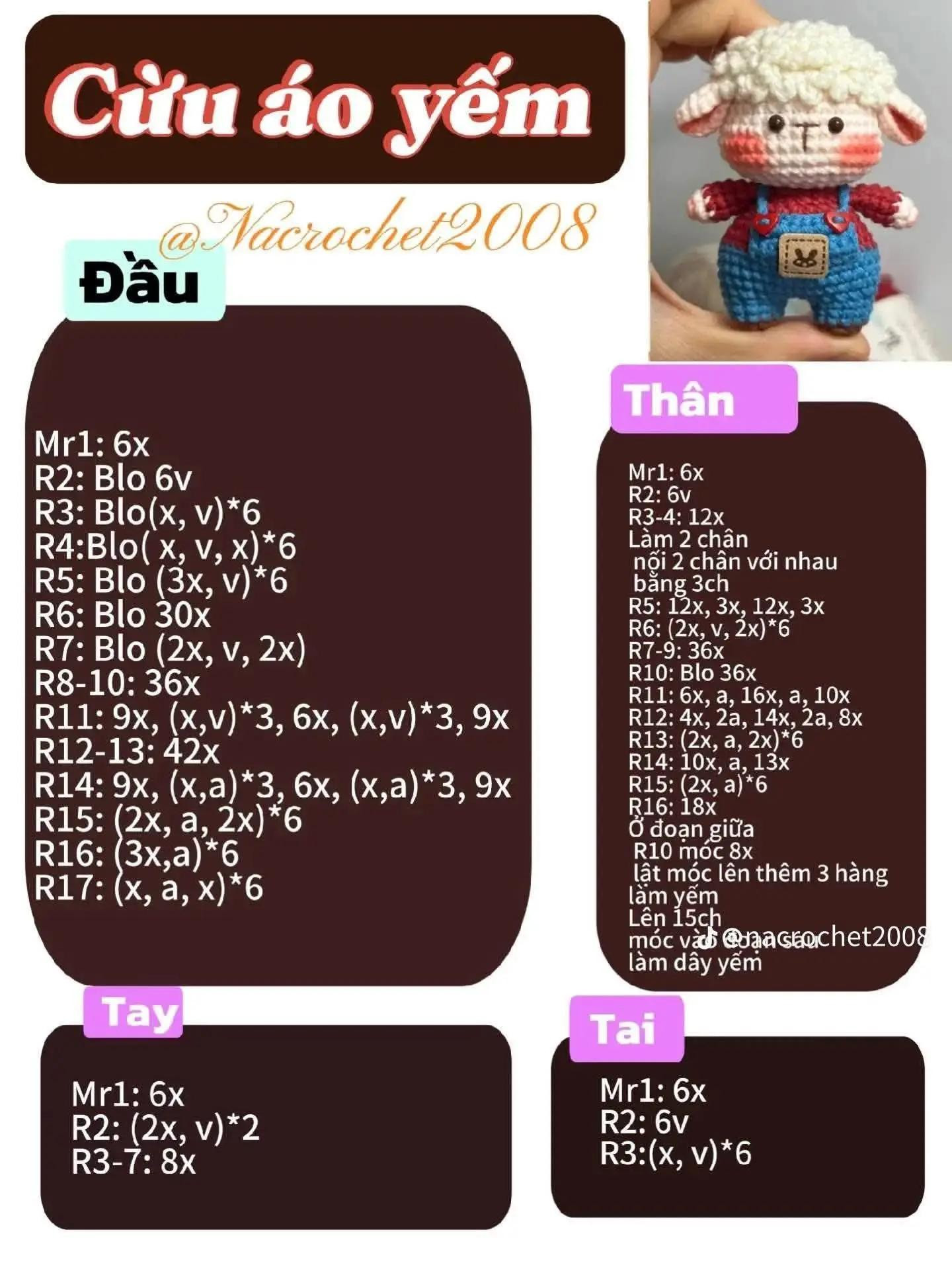 Hướng dẫn móc búp bê cừu mặc áo yếm dễ thương