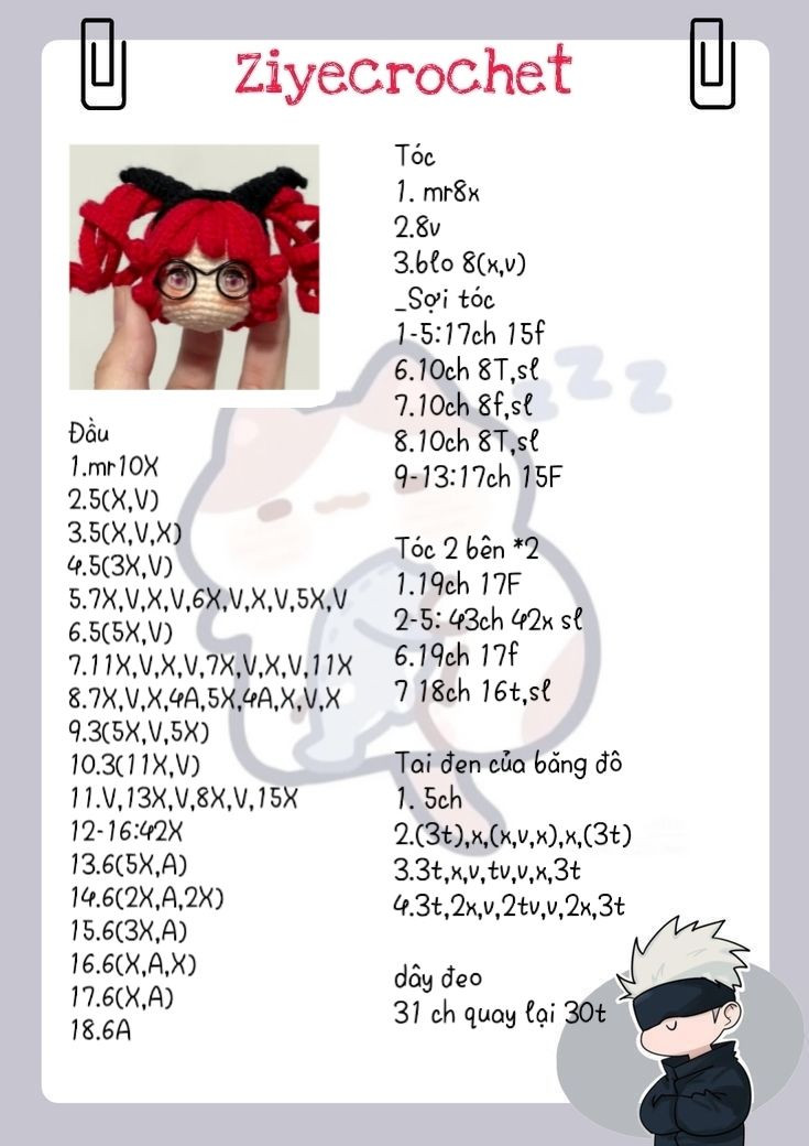 Hướng dẫn móc búp bê đầu nhỏ tóc đỏ tai quỷ