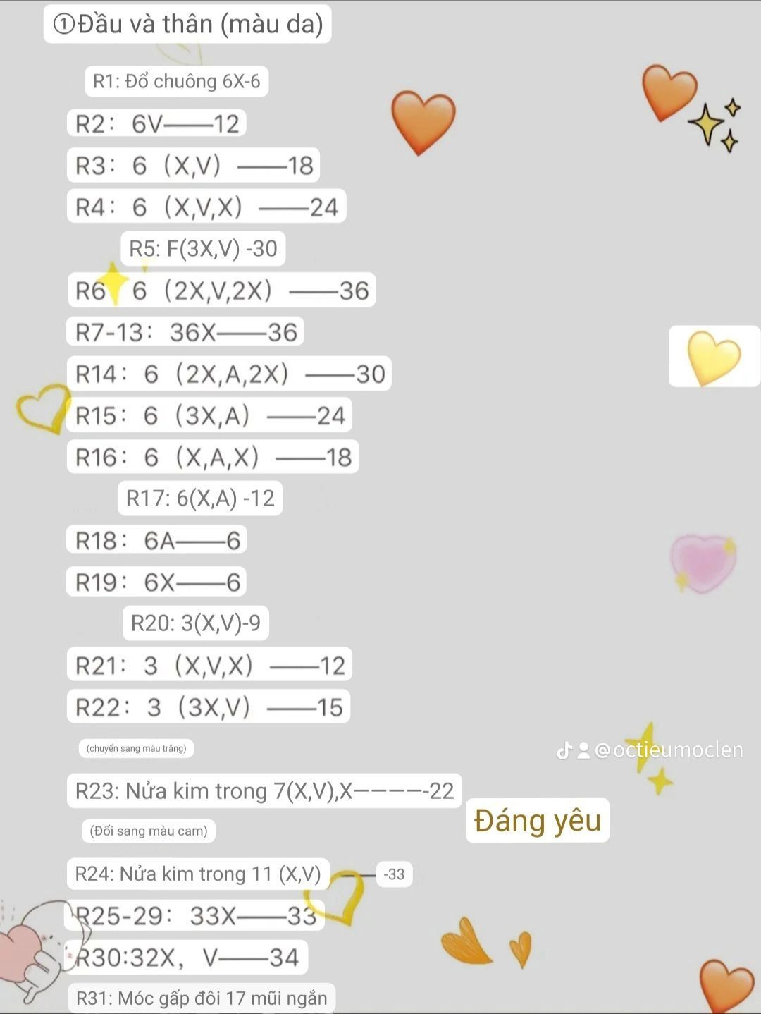 Hướng dẫn móc búp bê em bé mặc váy cam, đội mũ ngọc lục bảo