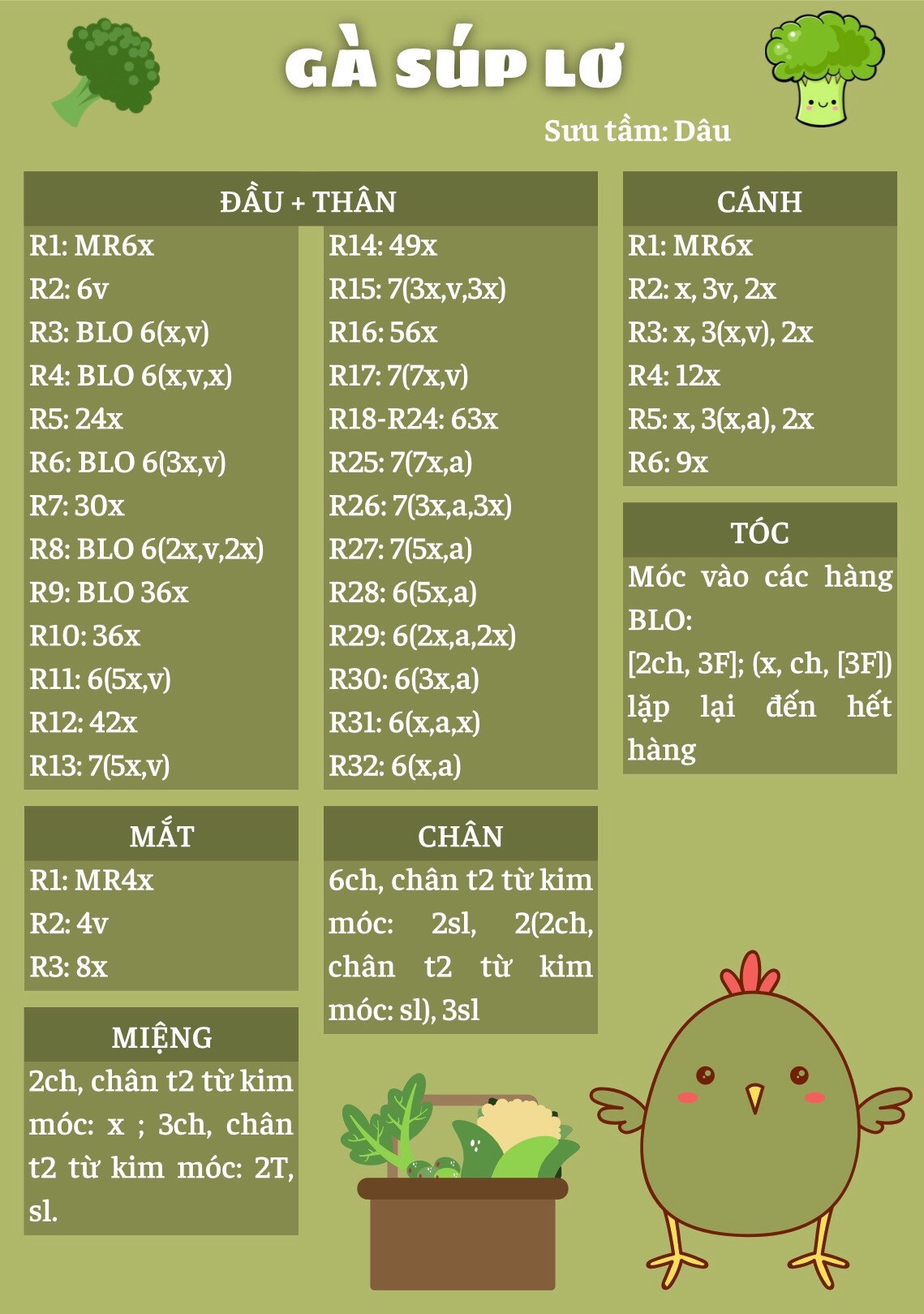 Hướng dẫn móc búp bê Gà Súp Lơ dễ thương