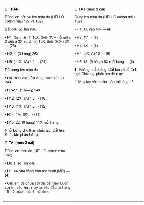Hướng dẫn móc búp bê gấu đỏ đeo kính kèm bảng ký hiệu tiếng Việt