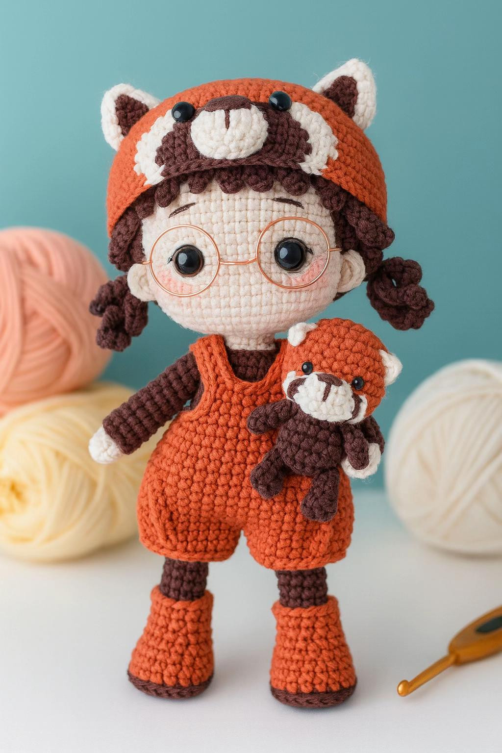 Hướng dẫn móc búp bê gấu đỏ đeo kính kèm bảng ký hiệu tiếng Việt