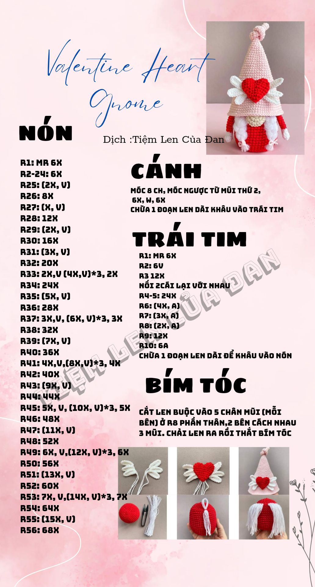 Hướng dẫn móc búp bê Gnome Valentine Trái Tim