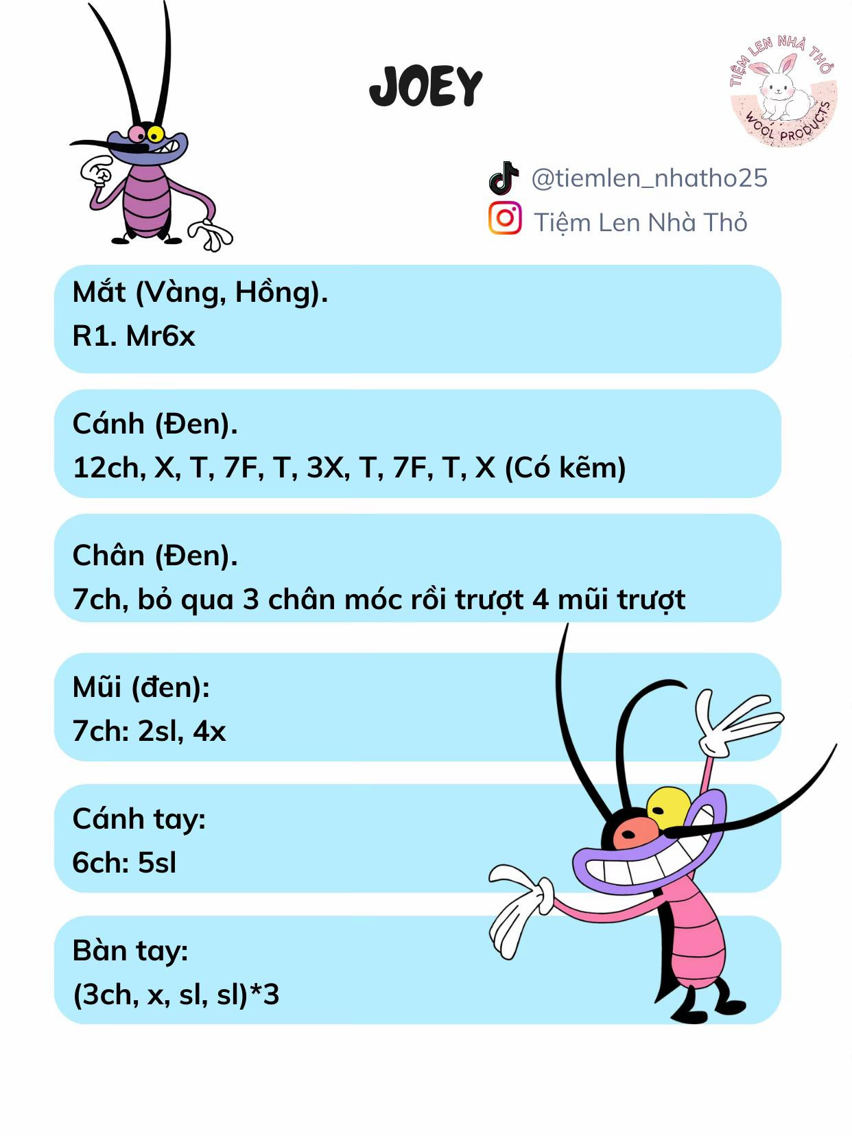 Hướng dẫn móc búp bê Joey màu tím hồng chi tiết từng phần