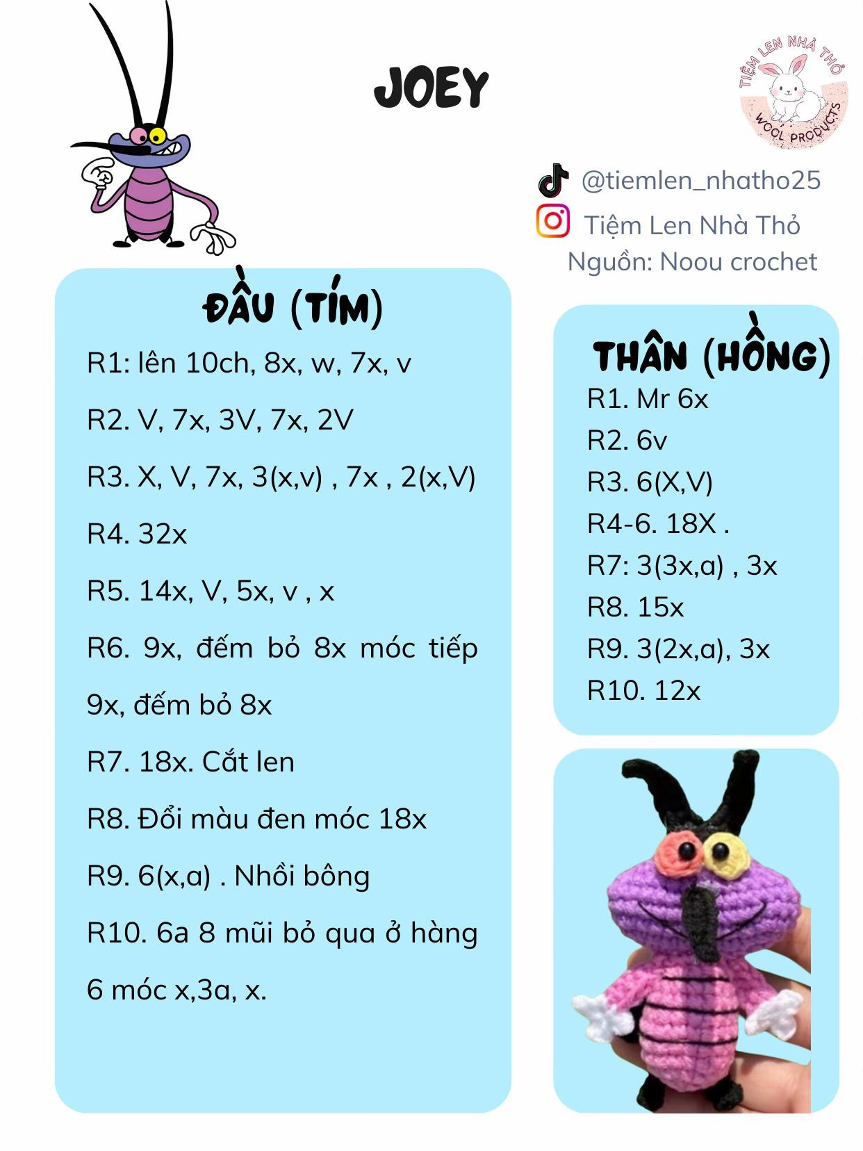 Hướng dẫn móc búp bê Joey màu tím hồng chi tiết từng phần