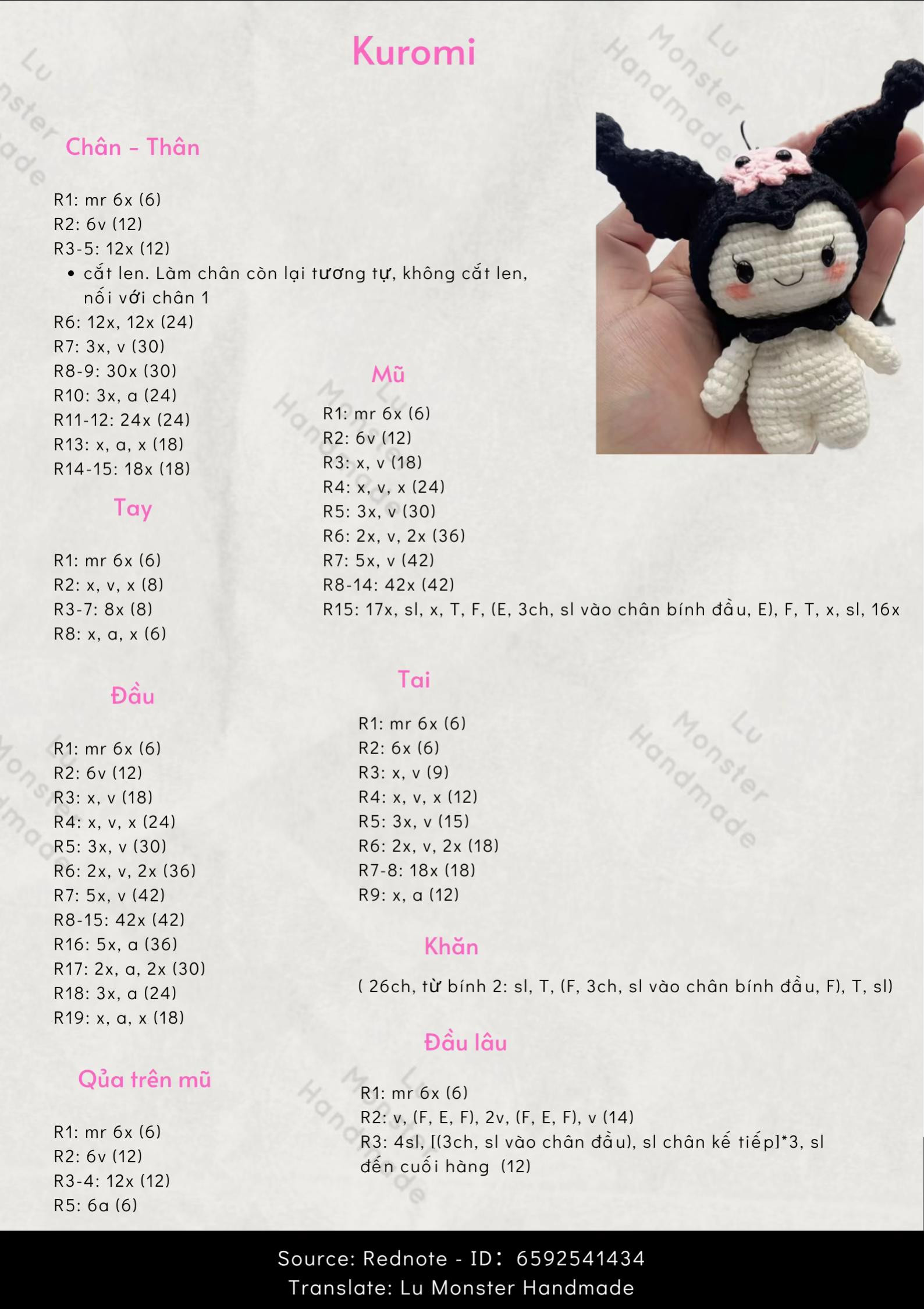 Hướng dẫn móc búp bê Kuromi đen trắng