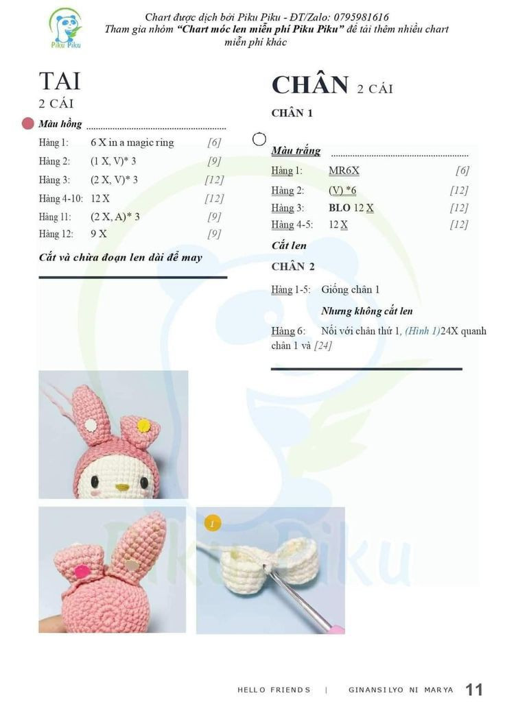 Hướng dẫn móc búp bê Kuromi và My Melody bằng len cotton