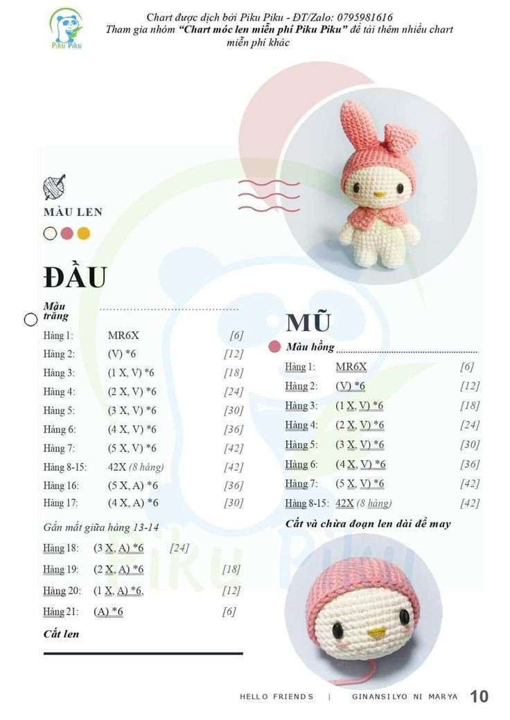 Hướng dẫn móc búp bê Kuromi và My Melody bằng len cotton