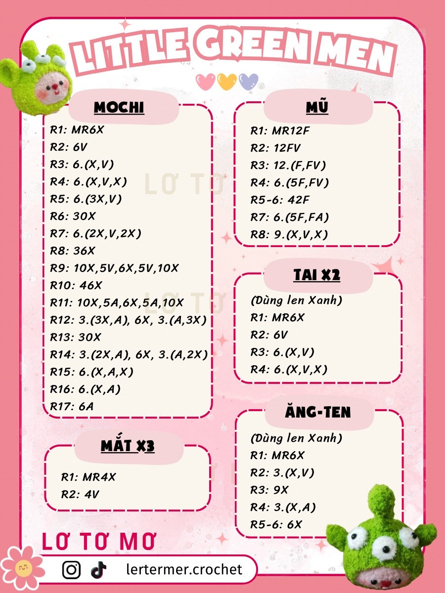 Hướng dẫn móc búp bê Little Green Men Mochi dễ thương