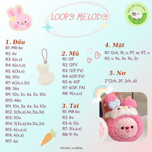 Hướng dẫn móc búp bê Loopy Melody màu hồng trắng dễ thương