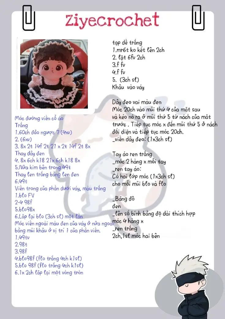 Hướng dẫn móc búp bê mặc váy nữ trang đen trắng