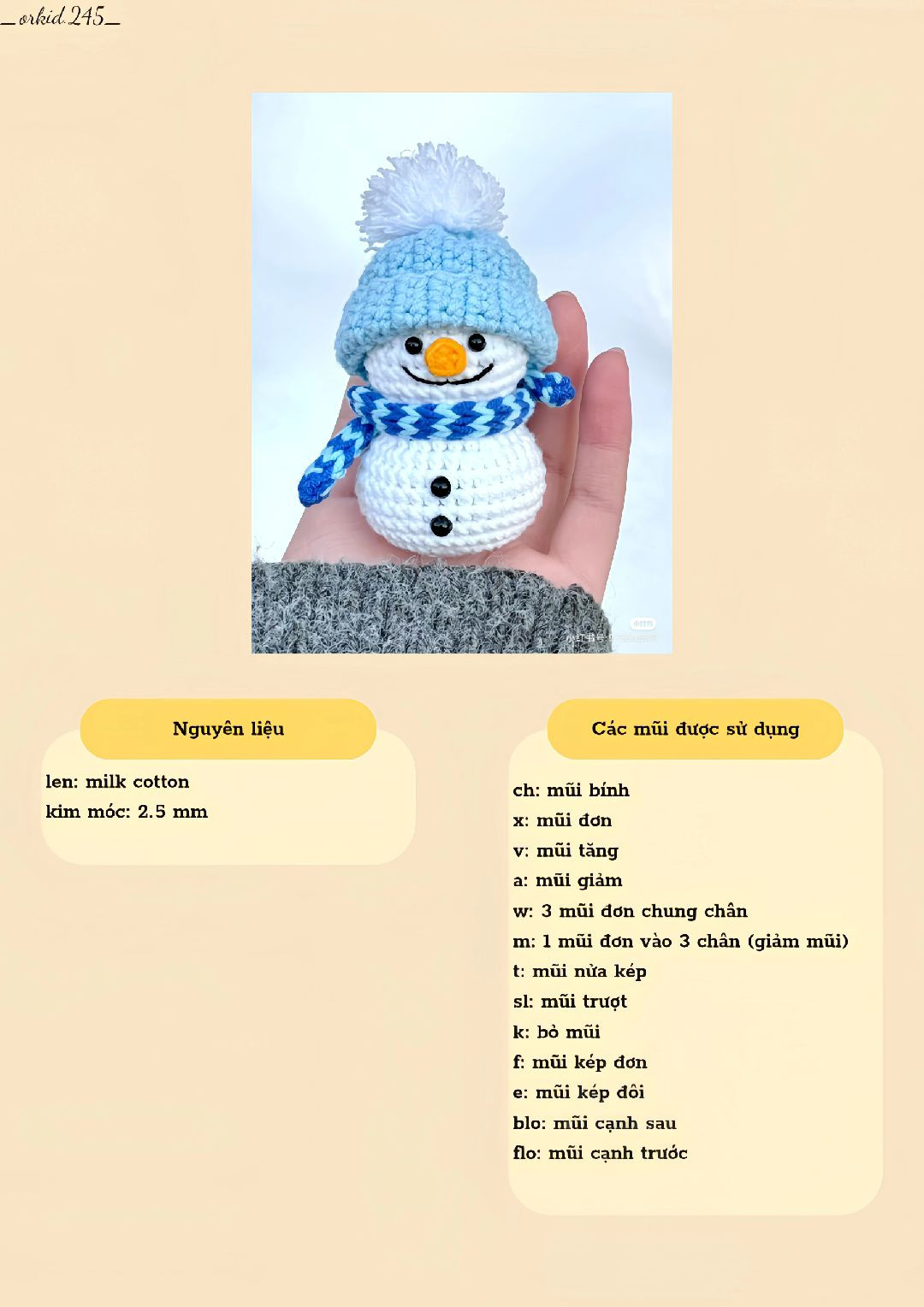 Hướng dẫn móc búp bê ông tuyết mùa đông với mũ len xanh và khăn quàng