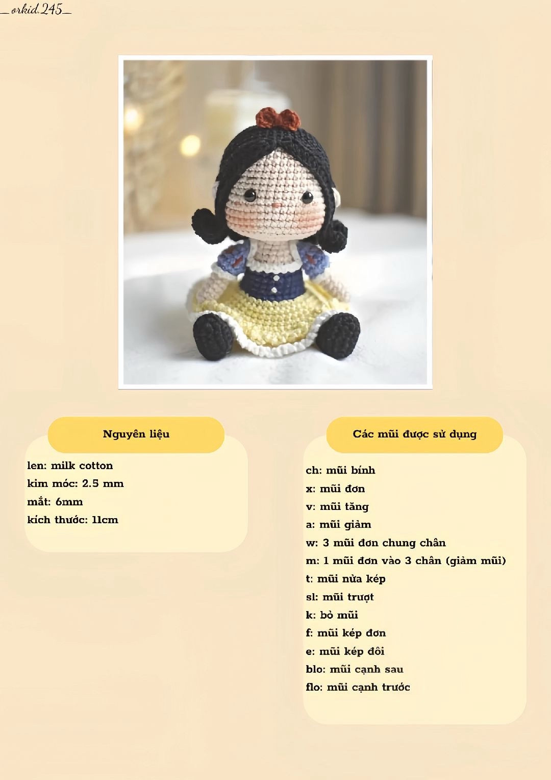 Hướng dẫn móc búp bê Snow White dễ thương bằng len milk cotton