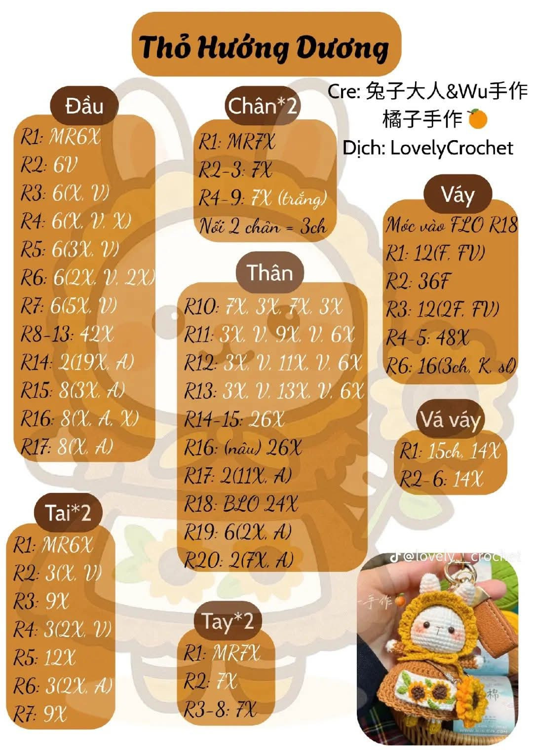 Hướng dẫn móc búp bê Thỏ Hướng Dương màu vàng nâu