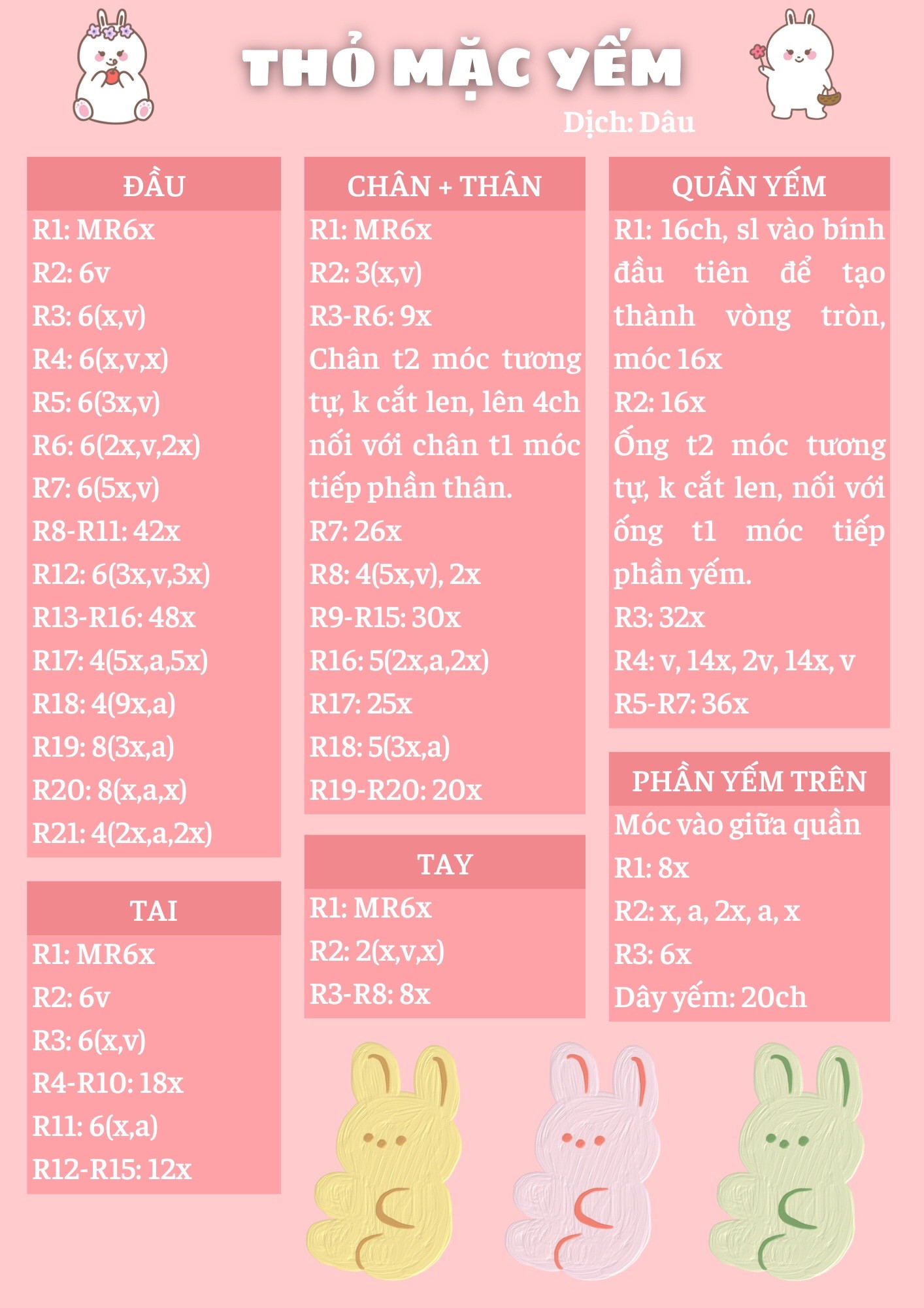 Hướng dẫn móc búp bê thỏ mặc quần yếm dễ thương