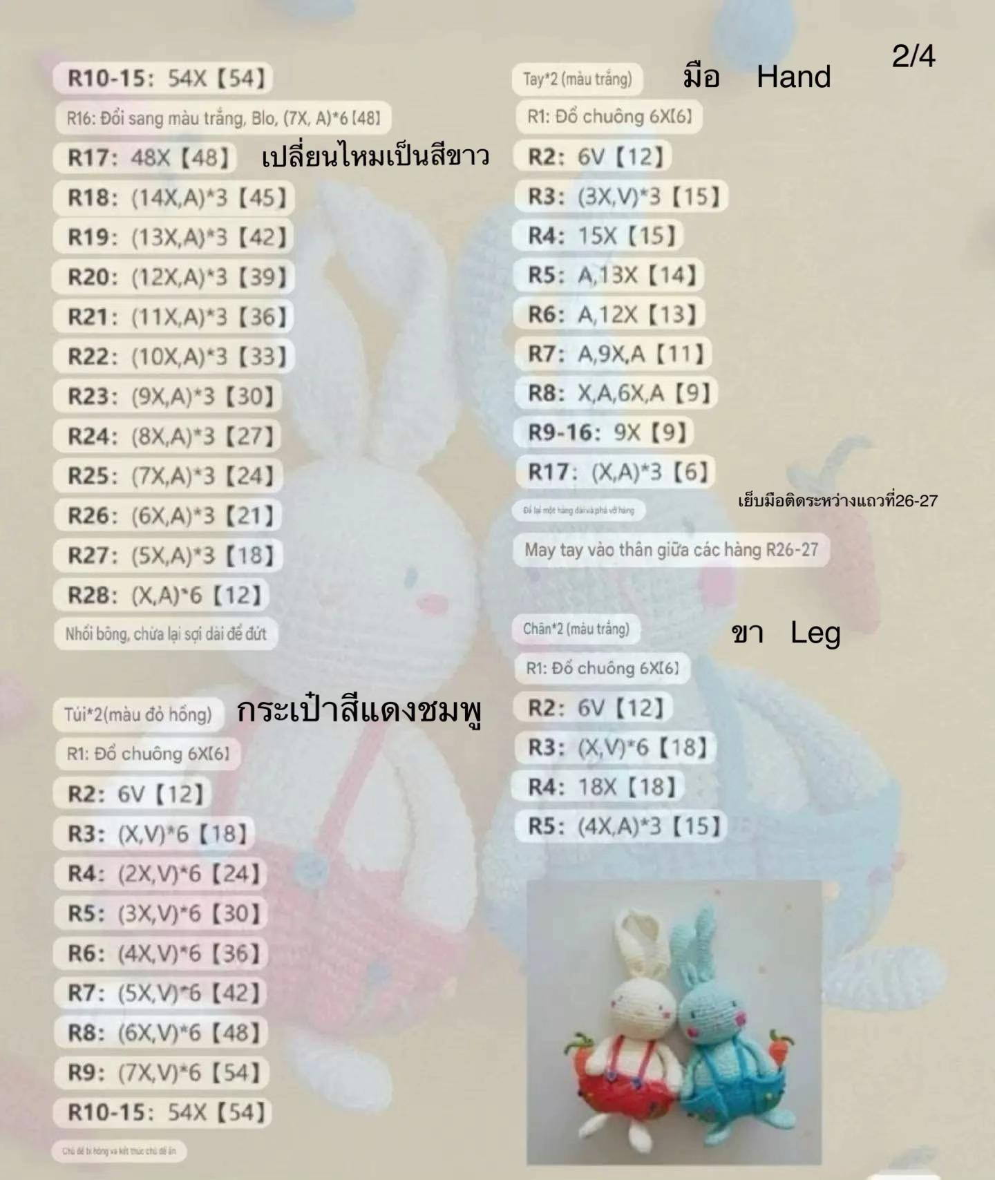 Hướng dẫn móc búp bê thỏ mặc quần yếm màu hồng