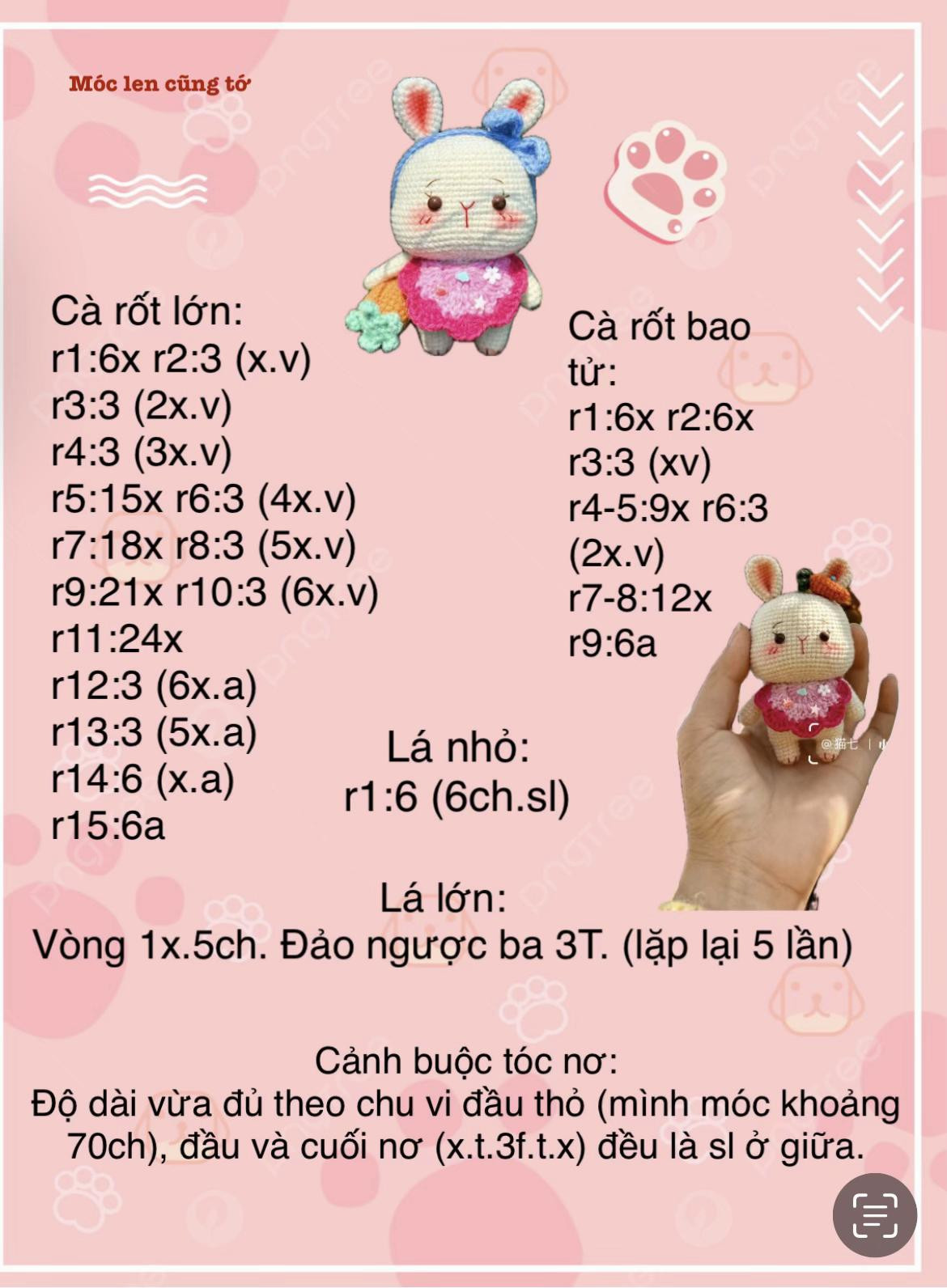 Hướng dẫn móc búp bê thỏ mặc váy hồng cầm cà rốt