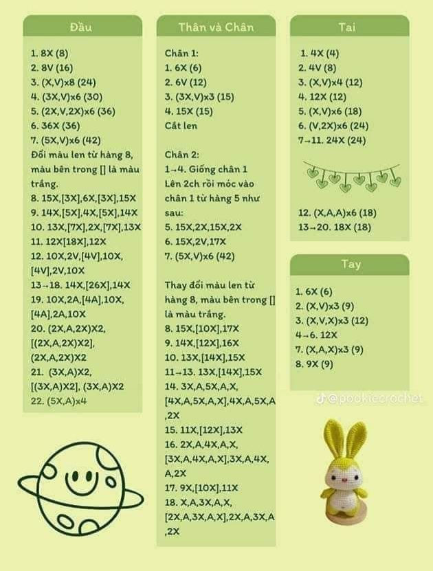 Hướng dẫn móc búp bê thỏ màu vàng xanh