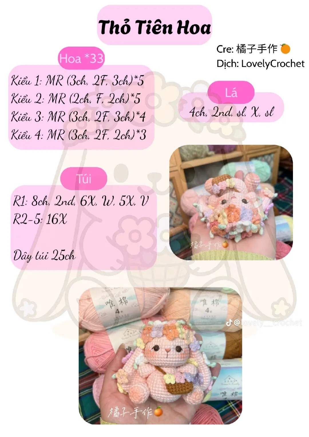 Hướng dẫn móc búp bê Thỏ Tiên Hoa màu hồng dễ thương