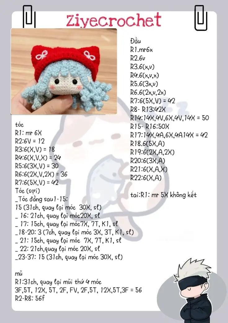 Hướng dẫn móc búp bê tóc xanh mũ đỏ