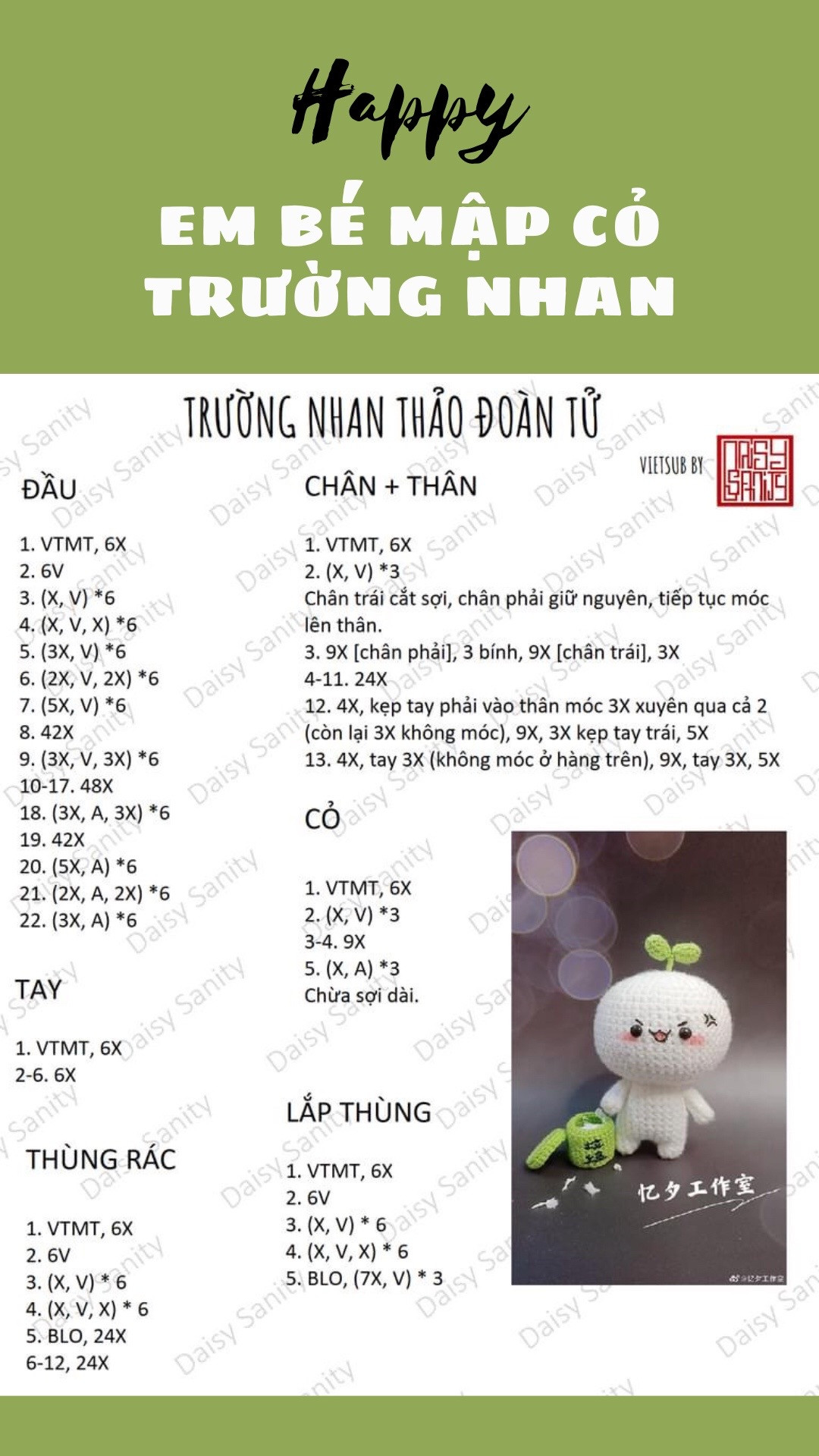Hướng dẫn móc búp bê Trượng Nhan Thảo Đoàn Tử trắng dễ thương