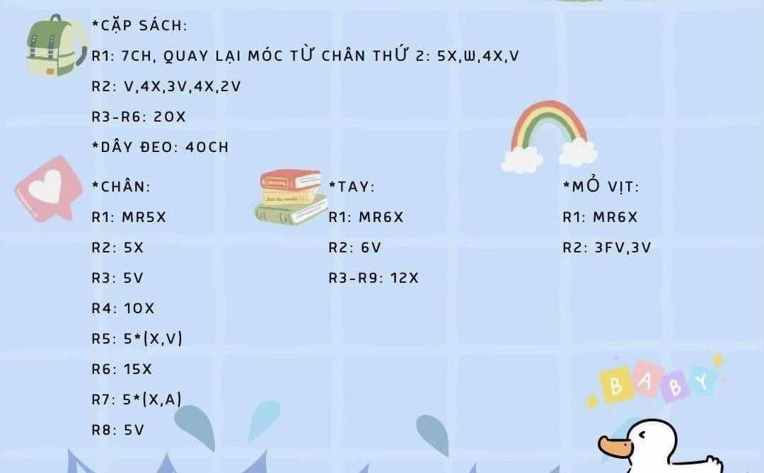 Hướng dẫn móc búp bê vịt mặc mũ vàng và cặp sách