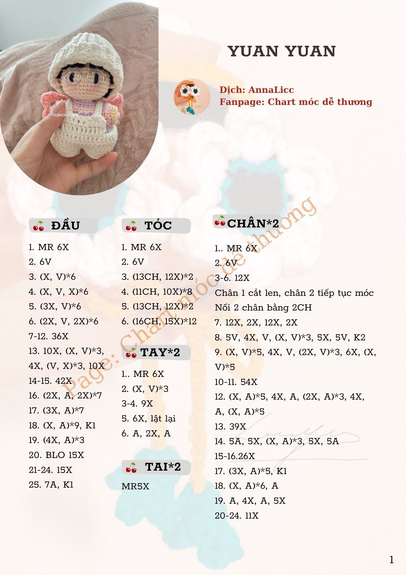 Hướng dẫn móc búp bê Yuan Yuan mặc quần yếm và mũ len