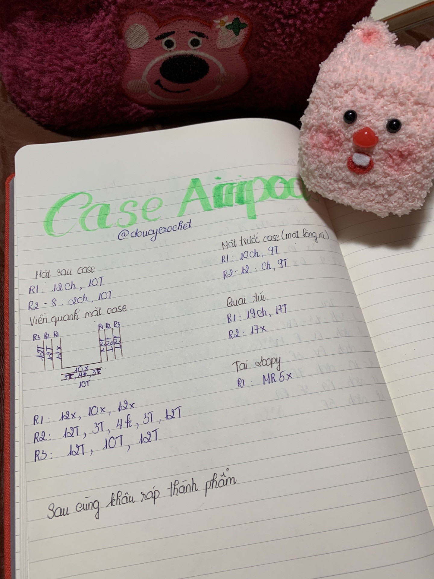 Hướng dẫn móc Case Airpods Gấu Hông Hồng bằng len nhung